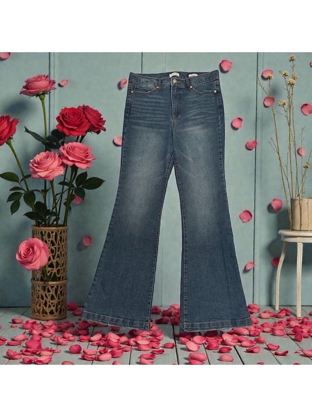 Sophia Jeans Melisa Flare Jeans High Rise Womens Size 12 Blue Distressed Denim